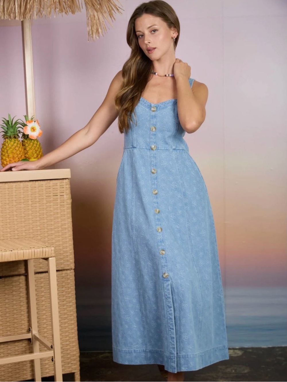 NEW Floral Denim Jacquard Sweetheart Midi Dress Pockets Small